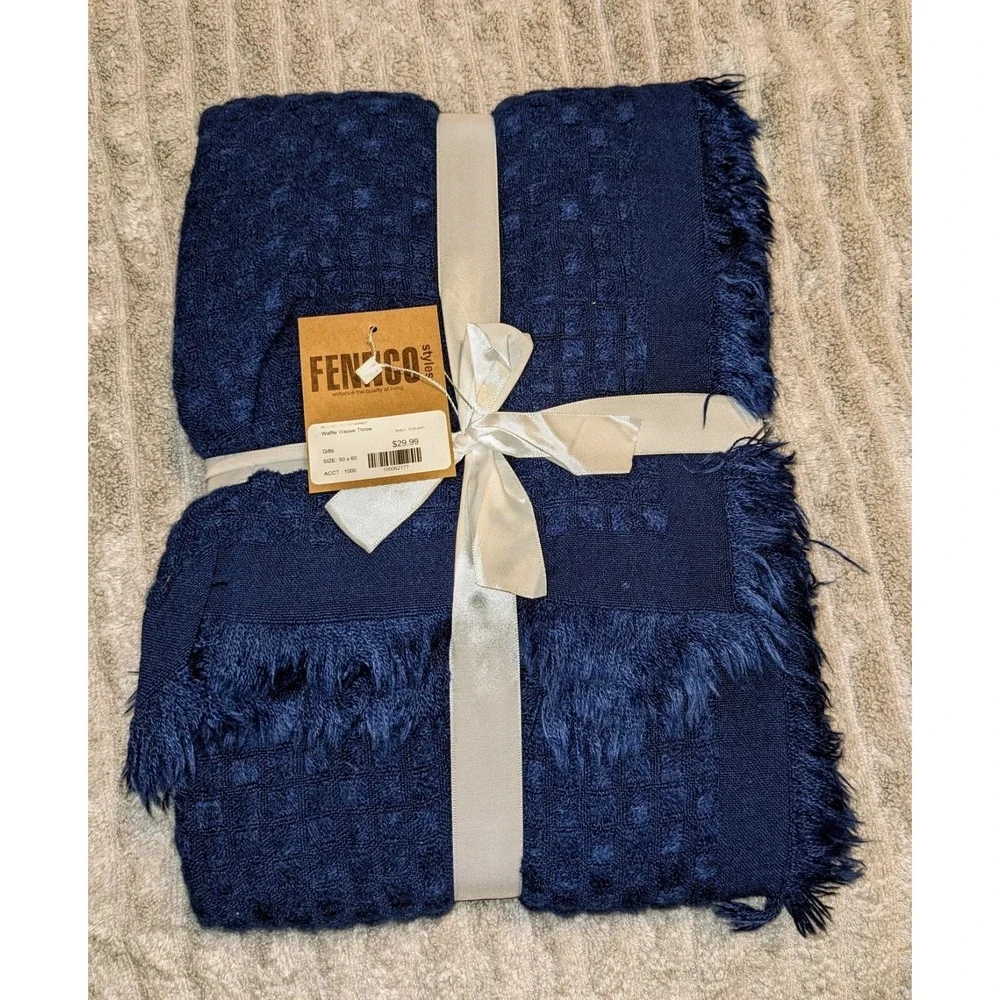 Fennco‎ Styles Waffle Weave Blue Sift Lightweight Throw Blanket Fringe 50x60 NWT